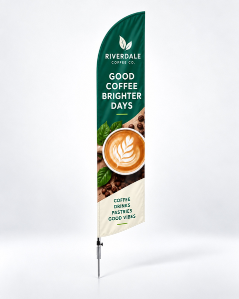 Printed feather flag mounted on an outdoor ground-stake pole