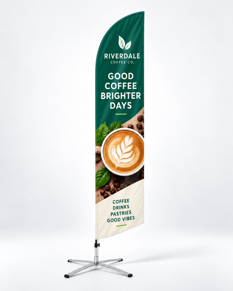Printed feather flag mounted on an indoor cross-base stand
