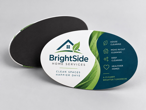 Oval magnet business card showing a printed front and black magnetic backing