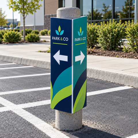 Triangular printed bollard sign installed over a concrete post with directional arrows